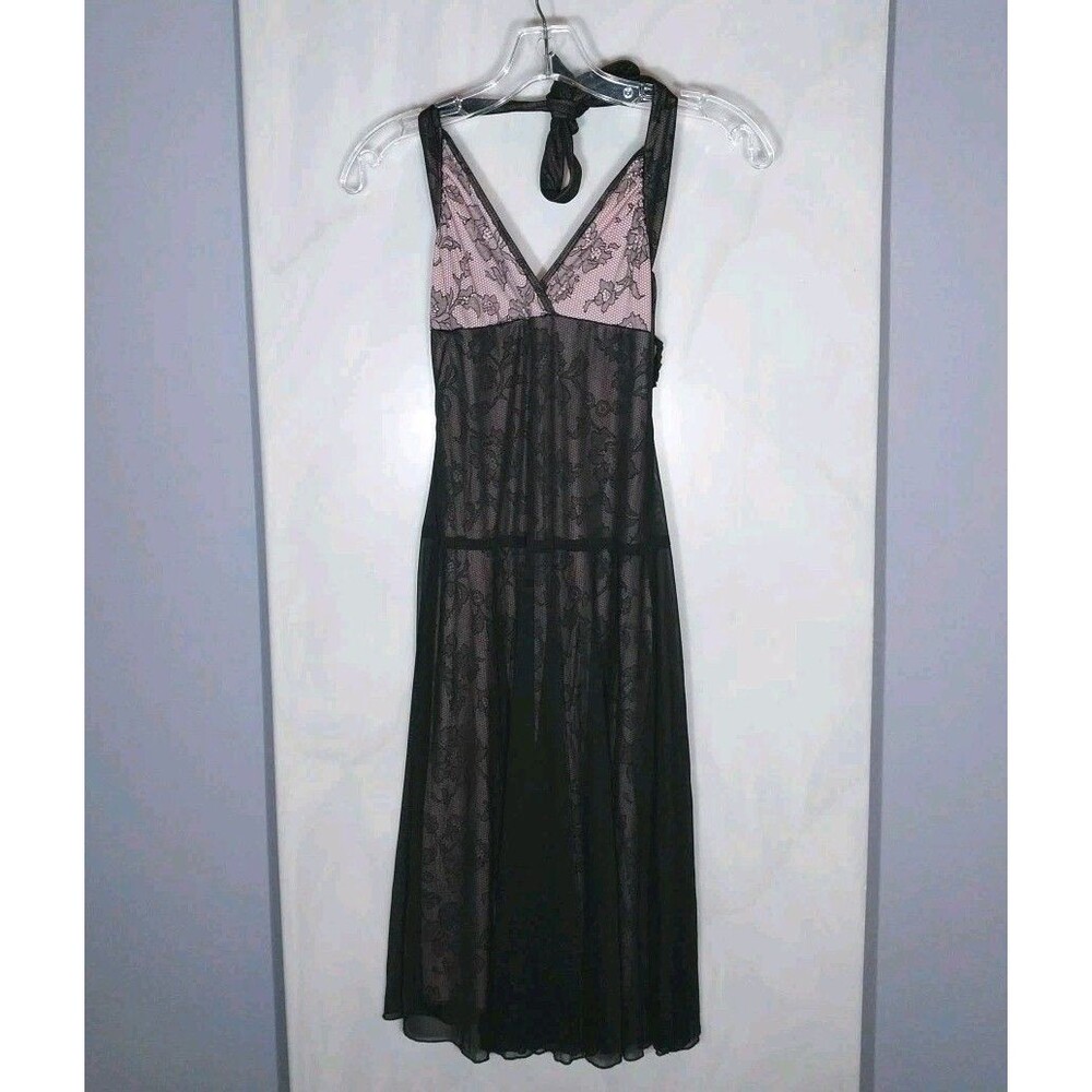 Vintage 90s Trixxi Black Pink Lace Halter Dress XS S Sheer Goth Fairy Y2K